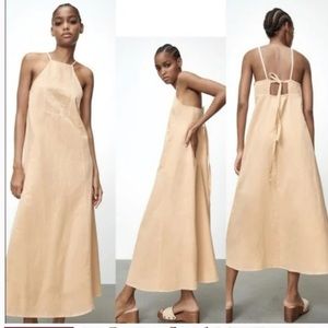 Zara Embroidered Cotton/Linen Blend Halter Maxi Dress in Cream, Size S